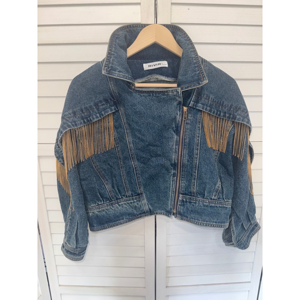 RIVIR Denim Jacket Women Blue Gold Chain Fringe Cropped Moto Western Small